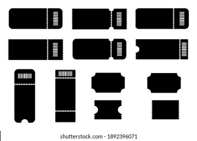 Set Of Black Tickets Icons.Concert Movie Theater And Boarding Blank Black Tickets, Lottery Coupons With Ruffle Edges. Vector Ticket Isolated On White Background.