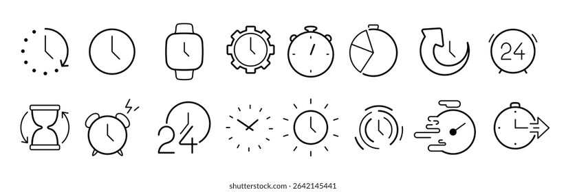 Set of black time, clock, stopwatch, alarm, hourglasses icon