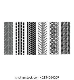 Set of black tire track silhouettes isolated on white background with different outline and solid patterns