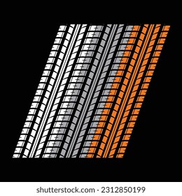 Set of black tire track silhouettes isolated on black background