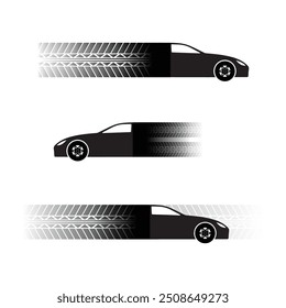Set of black tire track silhouettes with sport car isolated on white background