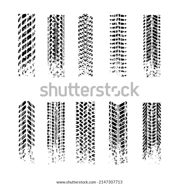Set of black tire track silhouettes isolated\
on white background