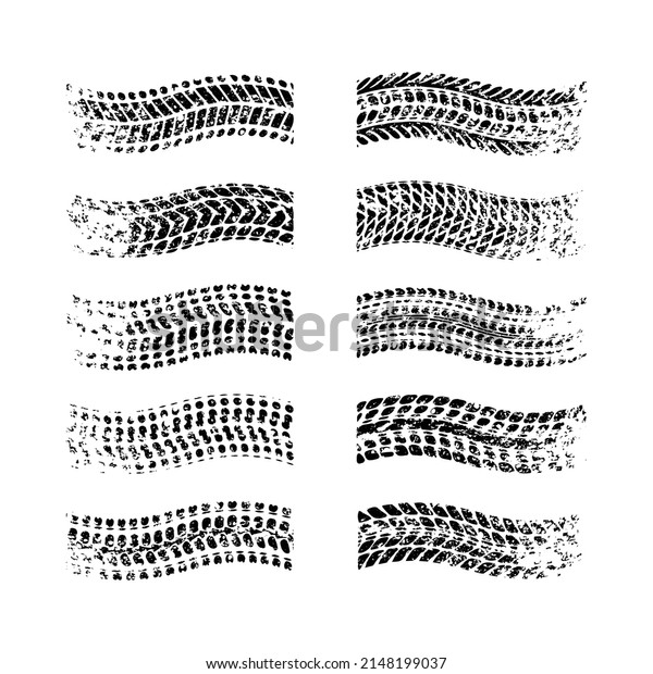 Set of\
black tire track silhouettes isolated on white background. Vehicle\
brake down path silhouette on the\
road