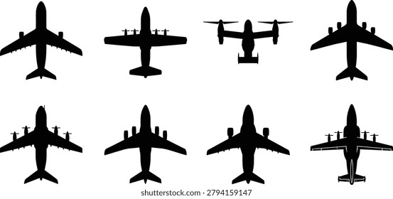 A set of black top-down silhouettes of various aircraft including passenger jets, cargo planes, and tiltrotors. These vector elements are ideal for aviation infographics, airport mapping, and logistics diagrams.
