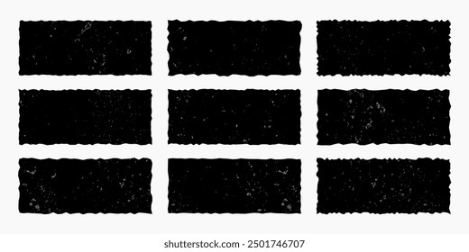 Set of black torn paper frames with vintage gritty texture, rectangles with jagged edges isolated on white background. Old ripped paper, silhouettes.