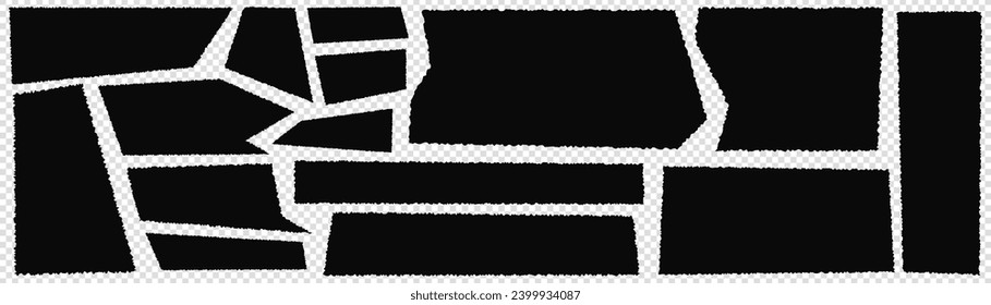 A set of black torn paper. Ripped rectangles and sharp shapes. Sheets with distorted edges for collages. Vector illustration.