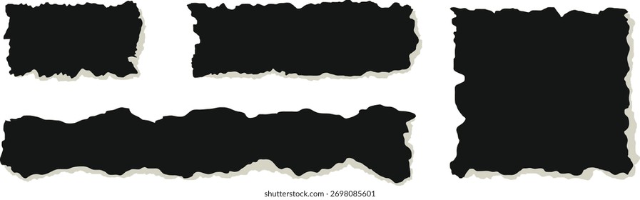 Conjunto de tiras de papel rasgado preto com bordas brancas ásperas. Coleção de pedaços de papel rasgado e bordas irregulares isoladas no fundo branco. Perfeito para colagem, scrapbooking, design de textura e foto 