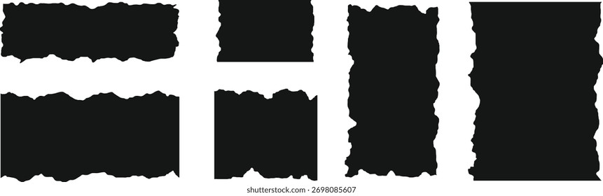 Conjunto de tiras de papel rotas negras con bordes blancos ásperos. Colección de pedazos de papel rasgados y bordes dentados aislados sobre fondo blanco. Perfecto para collage, scrapbooking, diseño de texturas y fotos 
