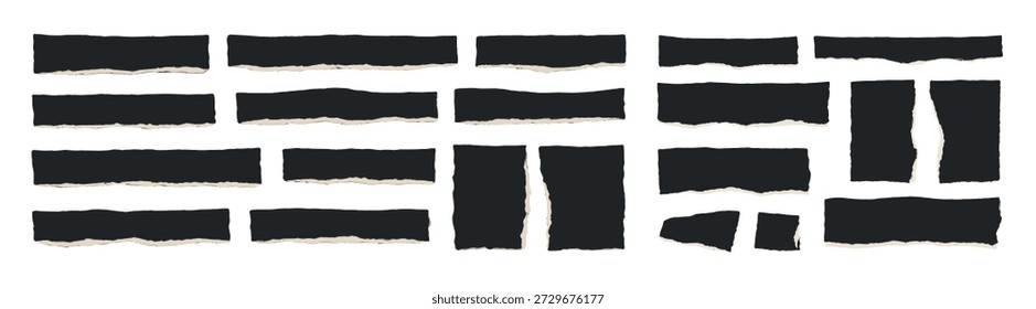 Conjunto de tiras de papel rasgado negro y bordes rasgados, bordes de grunge áspero y Elementos decorativos para collage, Anuncios y Diseño gráfico sobre fondo transparente