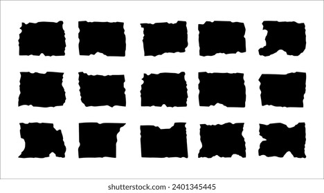 Set of black torn paper. Vector illustration. Various black silhouette rectangles isolated on white backdrop
