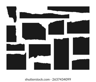 Set of black torn or ripped paper sheets. Realistic notebook edges or scrapbook scraps. Vector illustration for banners, web design, or decorative backgrounds.