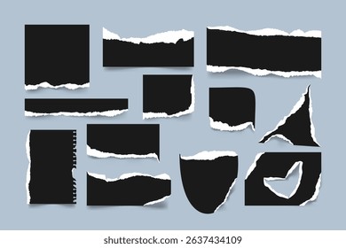 Set of black torn or ripped paper sheets. Realistic notebook edges or scrapbook scraps. Vector illustration for banners, web design, or decorative backgrounds.