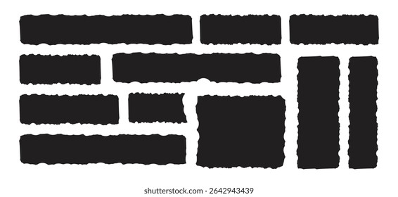 Set of Black torn or ripped paper sheet. Scrapbook edge, notebook tear or blank page split vector illustration. collection of ripped paper strip element set. Clipart ripped paper set design. 