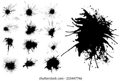 Set of black traced ink splatters. Vector clip-art.