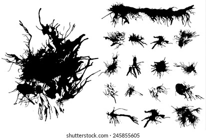 Set of black traced ink splatters. Vector clip-art. Ink blots with long tentacles. 