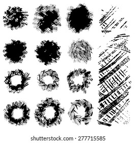 Set of black traced ink thread imprints. Vector clip-art. Stamp of yarn coil.