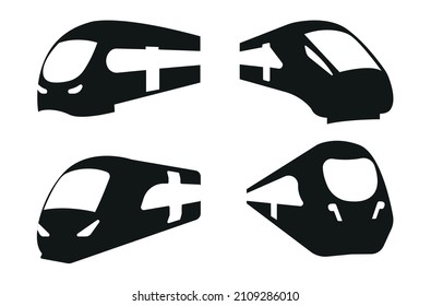 Satz schwarzer Zugsymbol Illustration einzeln auf einfarbigem Vektorsymbol auf weißem Hintergrund, eps10, silhouettes set transport, Schiene und Schiene, Metro und U-Bahn, Zeichenobjekte, Logo-Stil