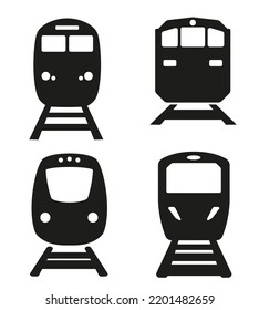 Conjunto de íconos del tren negro, ilustración del simple vector aislado en el fondo blanco, eps 10, siluetas grupo de transporte, ferrocarril y ferrocarril, metro y metro, objetos de dibujo, estilo de logotipo