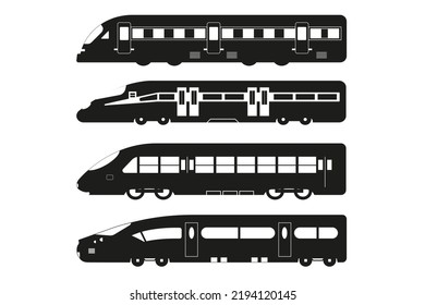 Satz schwarzer Zugsymbol, Silhouetten-Illustration, einzelne Zeichen auf weißem Hintergrund, Silhouetten-Set Transport, Eisenbahn- und Eisenbahn-, Metro- und U-Bahn-Symbol, Vektorgrafik für Webseiten, App und Schaltflächen