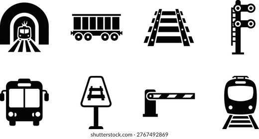 Set of Black Train and Railway Transport Icons Featuring Locomotive Tunnel Freight Car Tracks Crossing Signal Barrier and Station Sign Isolated on White Background