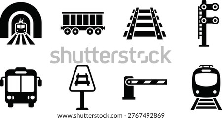 Set of Black Train and Railway Transport Icons Featuring Locomotive Tunnel Freight Car Tracks Crossing Signal Barrier and Station Sign Isolated on White Background