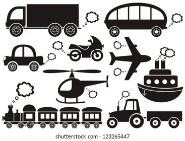 set of black transport icons on white background