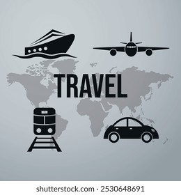 A set of black transportation silhouettes. Inscription “Travel” Train, plane, ship and car. Vector on the background of a map of the world