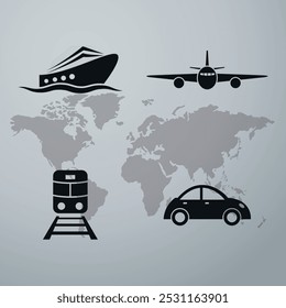 A set of black transportation silhouettes. Train, airplane, ship and car. Vector on the background of a map of the world