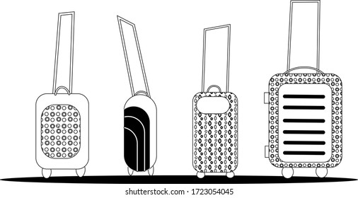 Set of black travel  bags . Four travel suitcases isolated on the white background. Vector illustration.