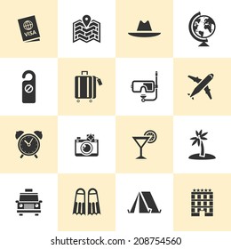 Set of black travel icons. Vector travel icons in flat simple style. 