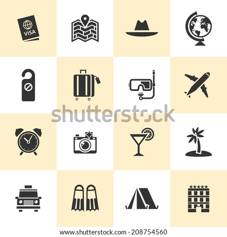 Set of black travel icons. Vector travel icons in flat simple style. 