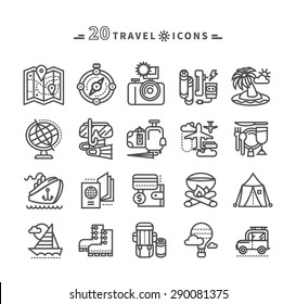 Set of black travel thin, lines, outline icons of summer vacation, tourism and journey. Items for travel in flat design on white background. For web and mobile applications 