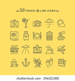 Set of black travel thin, lines, outline icons. Attributes of summer beach holiday, bus, hotel, guide, suitcase, road, aircraft, ship on yellow background. For websites and mobile applications 