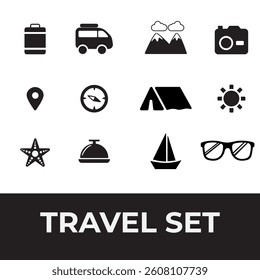 Set of black travel and vacation icons including camper van, mountain, compass, camera, tent, and summer elements in flat style