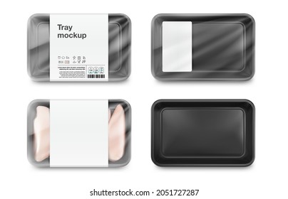 Set of black tray container mockups. Vector illustration isolated on white background. Layered template file easy to use for your design, promo, adv. EPS10.