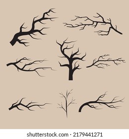 Juego de silueta de la rama del árbol negro, ilustración dibujada a mano