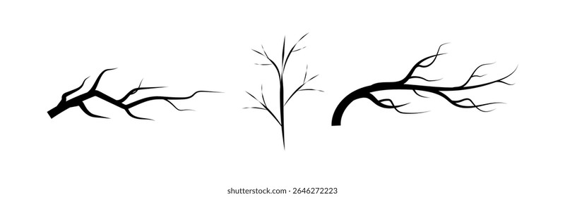 Set of Black Tree Branch silhouette hand drawn illustration