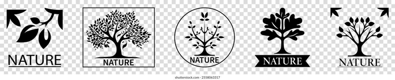 Set of black tree logos. Garden plant natural symbols template. Vector illustration isolated on transparent background
