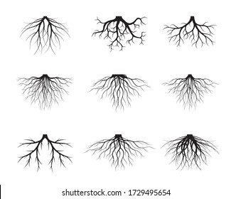 Set Of Black Tree Roots. Vector Outline Illustration. Plant And Garden.