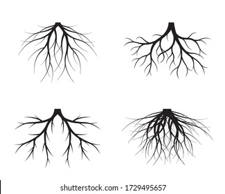 Set Of Black Tree Roots. Vector Outline Illustration. Plant And Garden.