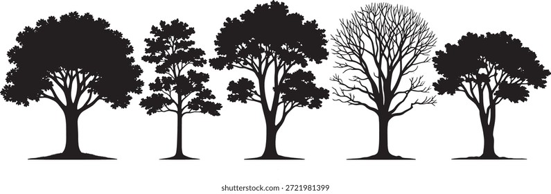 Conjunto de silhuetas de árvores pretas para elevação arquitetônica, ícones minimalistas da floresta e da vegetação do parque para o projeto da paisagem e seções do site..eps