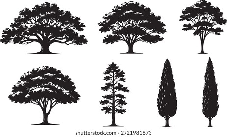 Conjunto de silhuetas de árvores pretas para seções arquitetônicas, floresta de alto contraste e ícones da vegetação do parque para o projeto da paisagem e renderings da elevação..eps