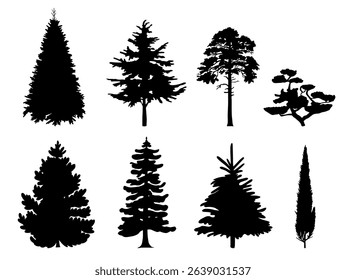 Set of black tree silhouettes. Collection of coniferous and deciduous tree shapes isolated on white background. Nature, forest, park, landscape design elements. Vector illustration