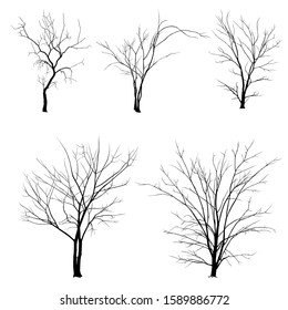 Set of black tree silhouettes isolated on white background.