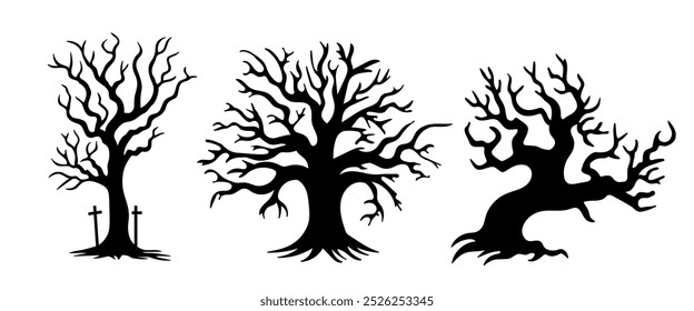 Set of black tree silhouettes isolated on transparent background