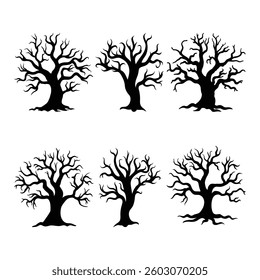 Set of black tree silhouettes isolated on transparent background. Halloween vector illustration