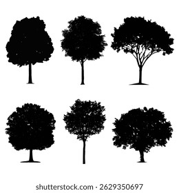 Set of Black Tree Silhouettes on White Background