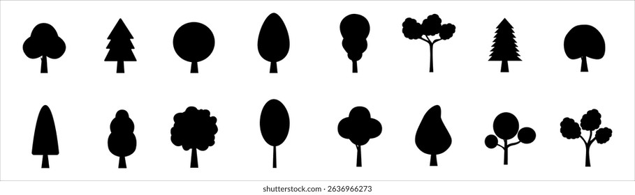 Set of black tree silhouettes with various crown and trunk shapes. Flat vector icons isolated on white background. Nature, forest, and landscape design elements for decoration and templates.