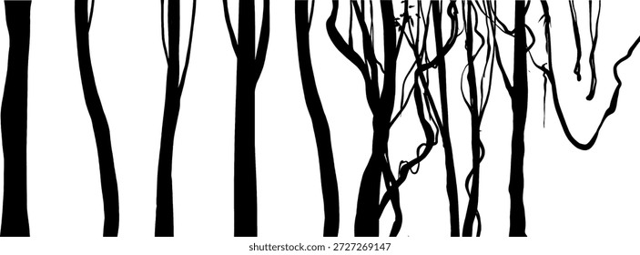Conjunto de siluetas de árboles negros. Ilustración vectorial de Elementos forestales que incluyen troncos, ramas, vides y hojas aisladas sobre fondo