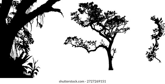 Conjunto de siluetas de árboles negros. Ilustración vectorial de Elementos forestales que incluyen troncos, ramas, vides y hojas aisladas sobre fondo